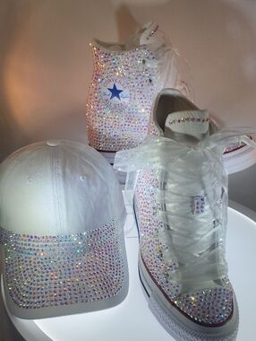 Converse White Iridescent Rhinestone High Tops and Matching Cap